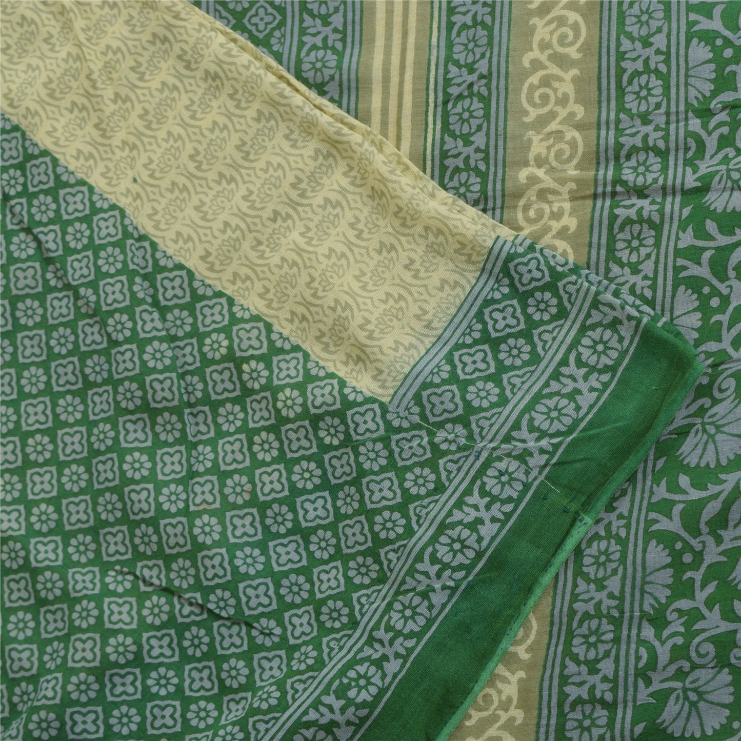 Sanskriti Vintage Sarees Cream/Green Pure Cotton Printed Sari 5+yd Craft Fabric