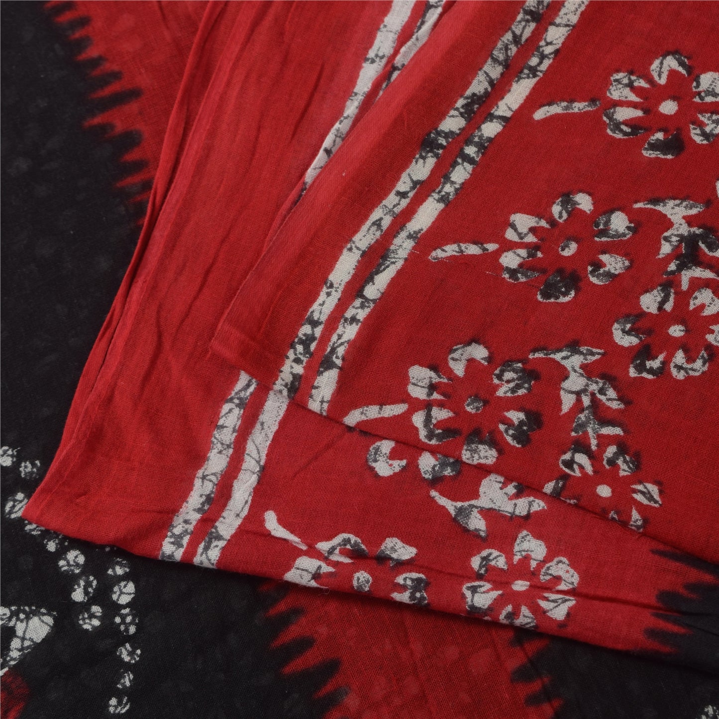 Sanskriti Vintage Sarees Black/Red Pure Cotton Batik Printed Sari 5+yd Fabric