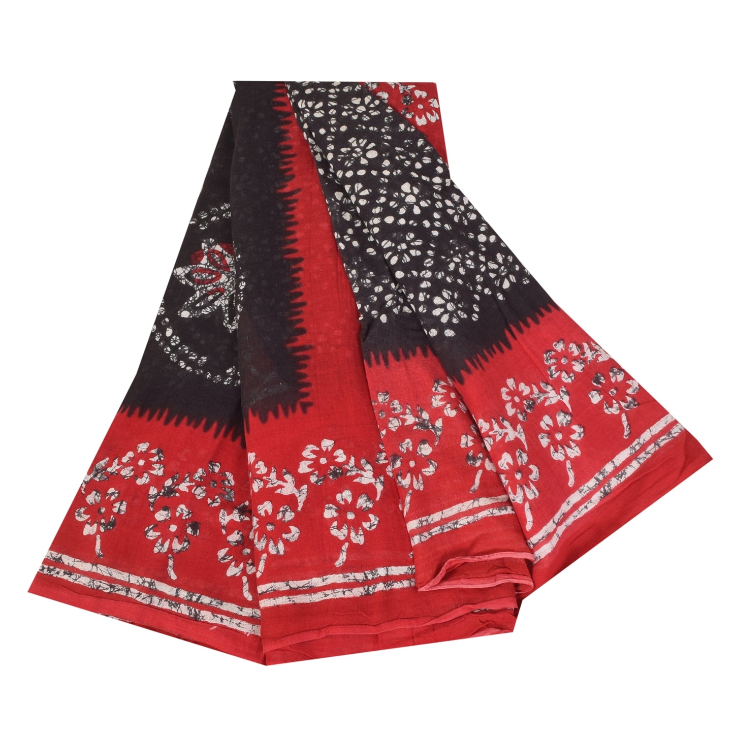 Sanskriti Vintage Sarees Black/Red Pure Cotton Batik Printed Sari 5+yd Fabric