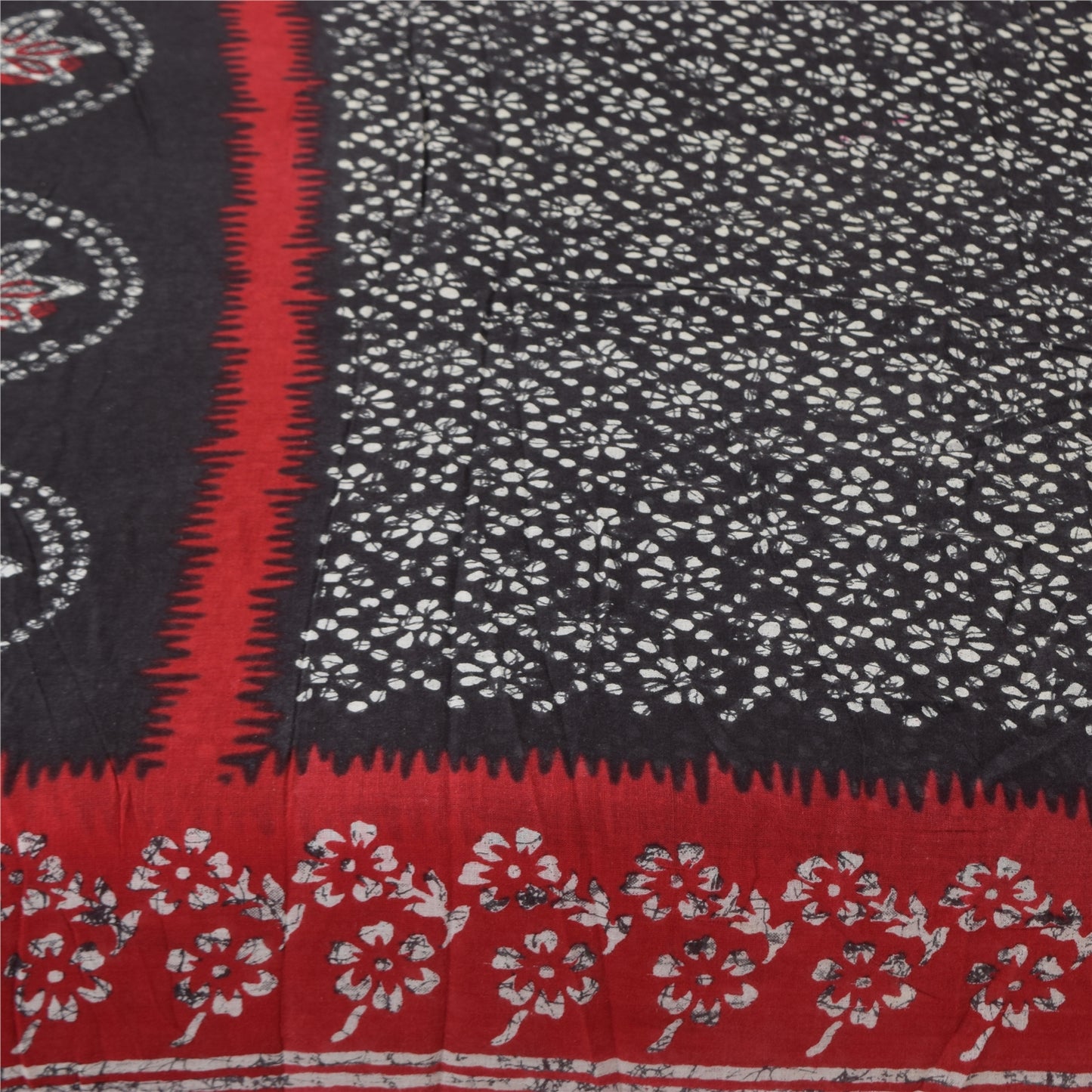 Sanskriti Vintage Sarees Black/Red Pure Cotton Batik Printed Sari 5+yd Fabric