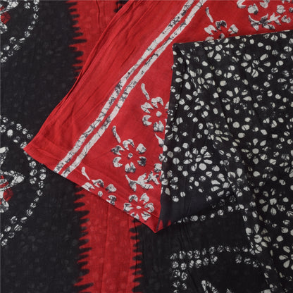 Sanskriti Vintage Sarees Black/Red Pure Cotton Batik Printed Sari 5+yd Fabric