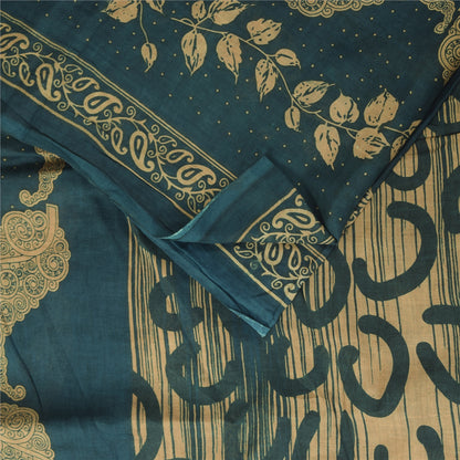 Sanskriti Vintage Sarees Indian Teal Pure Cotton Printed Sari 5+yd Craft Fabric