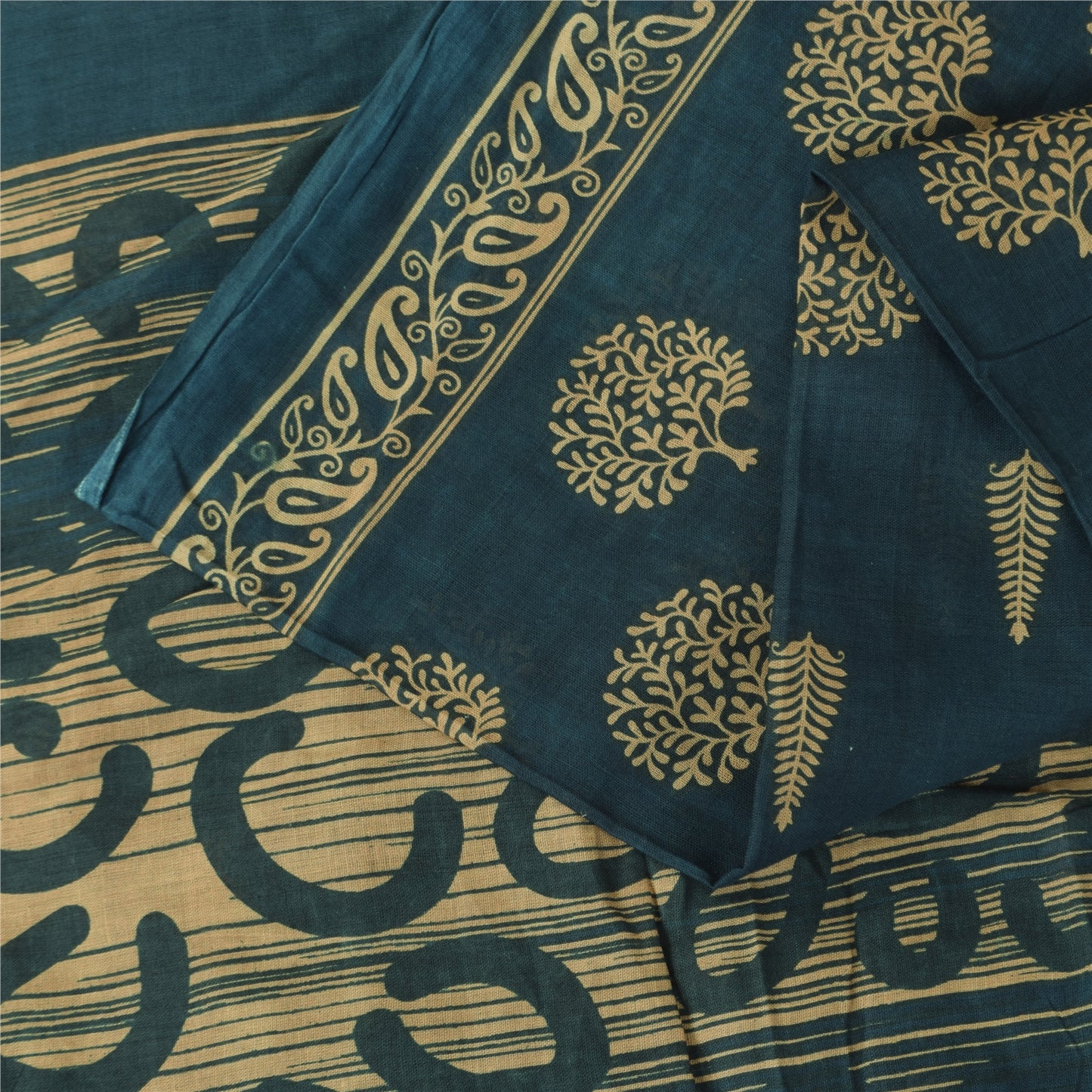 Sanskriti Vintage Sarees Indian Teal Pure Cotton Printed Sari 5+yd Craft Fabric