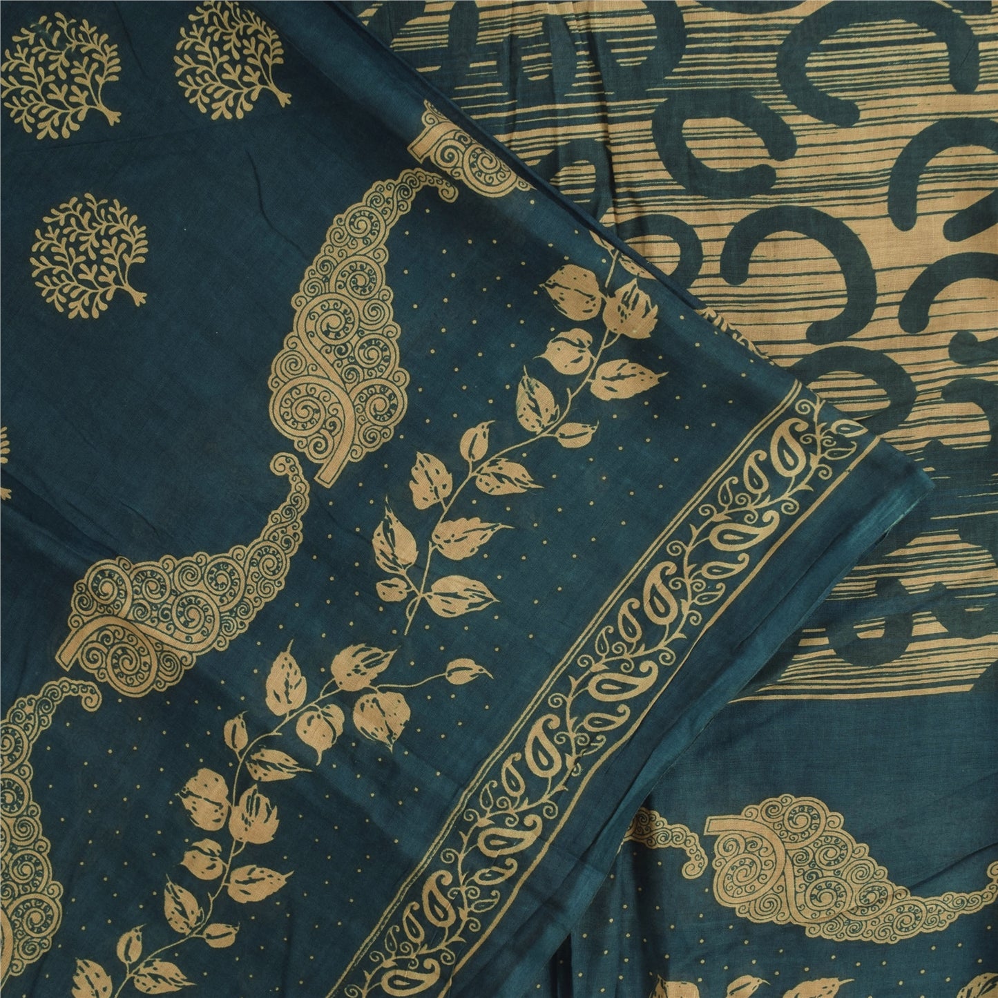 Sanskriti Vintage Sarees Indian Teal Pure Cotton Printed Sari 5+yd Craft Fabric