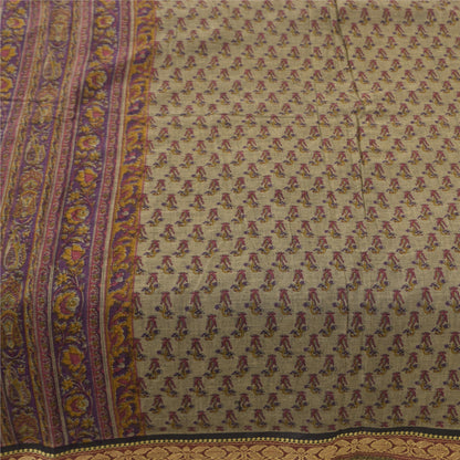 Sanskriti Vintage Sarees Indian Gray Pure Cotton Printed Sari 5yd Craft Fabric