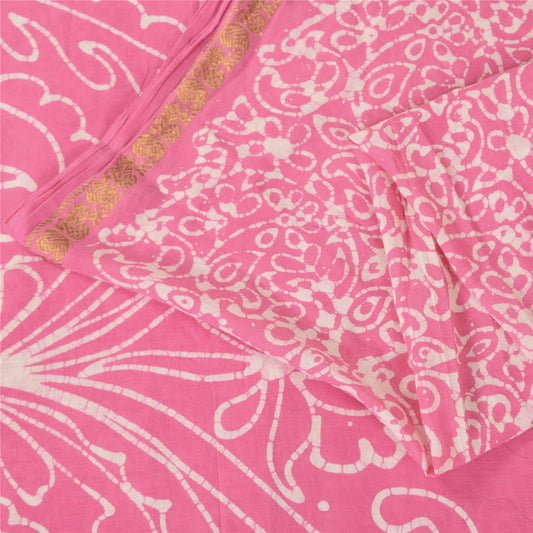 Sanskriti Vintage Sarees Pink Batik Work Zari Woven Pure Cotton Sari 5+yd Fabric