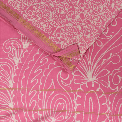 Sanskriti Vintage Sarees Pink Batik Work Zari Woven Pure Cotton Sari 5+yd Fabric