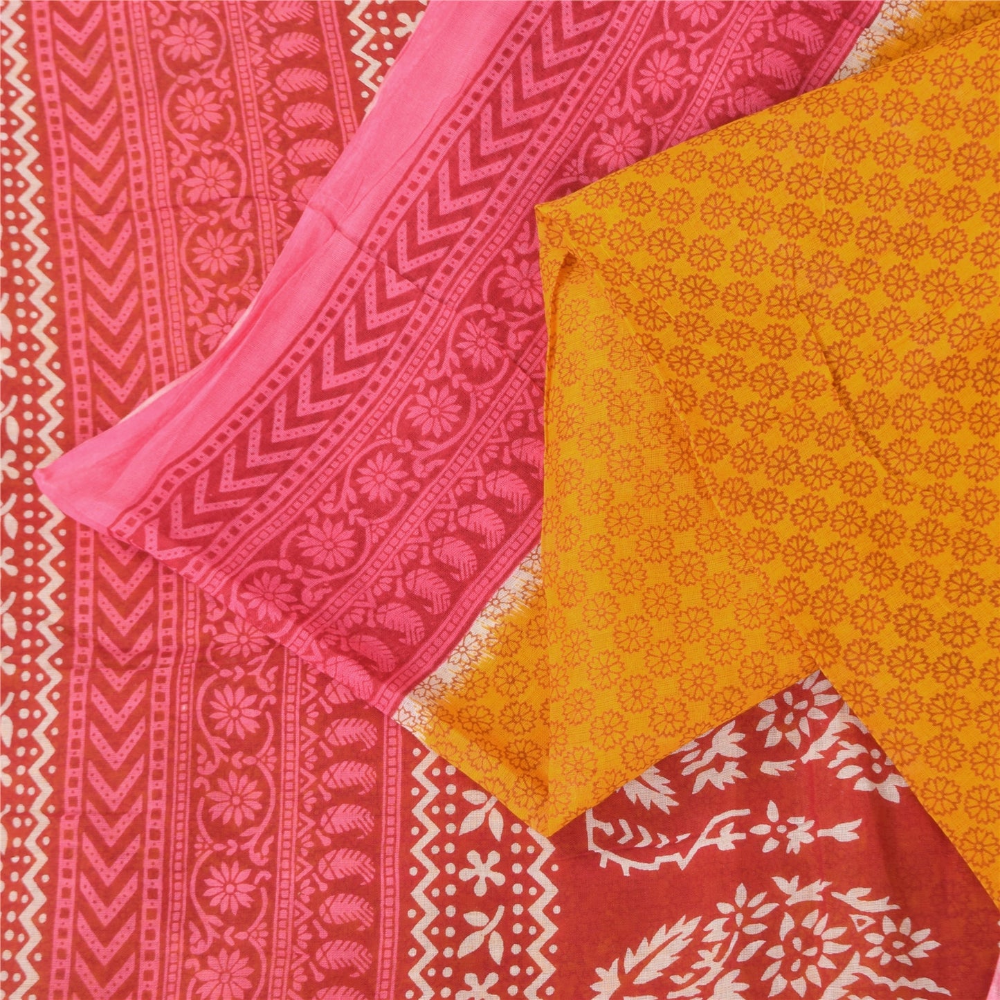 Sanskriti Vintage Sarees Yellow/Pink Pure Cotton Printed Sari 5+yd Craft Fabric