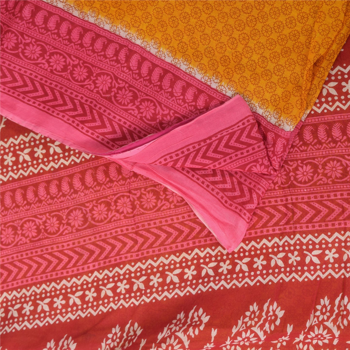 Sanskriti Vintage Sarees Yellow/Pink Pure Cotton Printed Sari 5+yd Craft Fabric