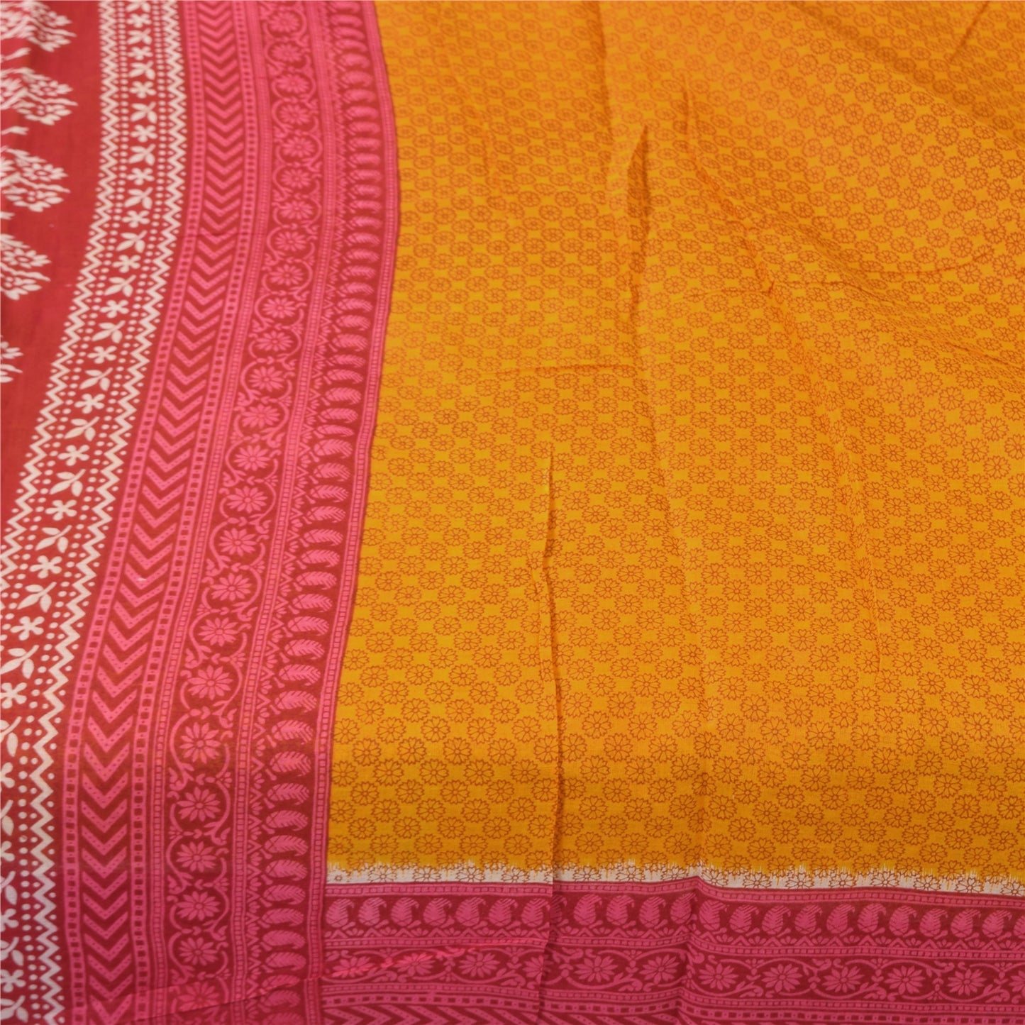 Sanskriti Vintage Sarees Yellow/Pink Pure Cotton Printed Sari 5+yd Craft Fabric