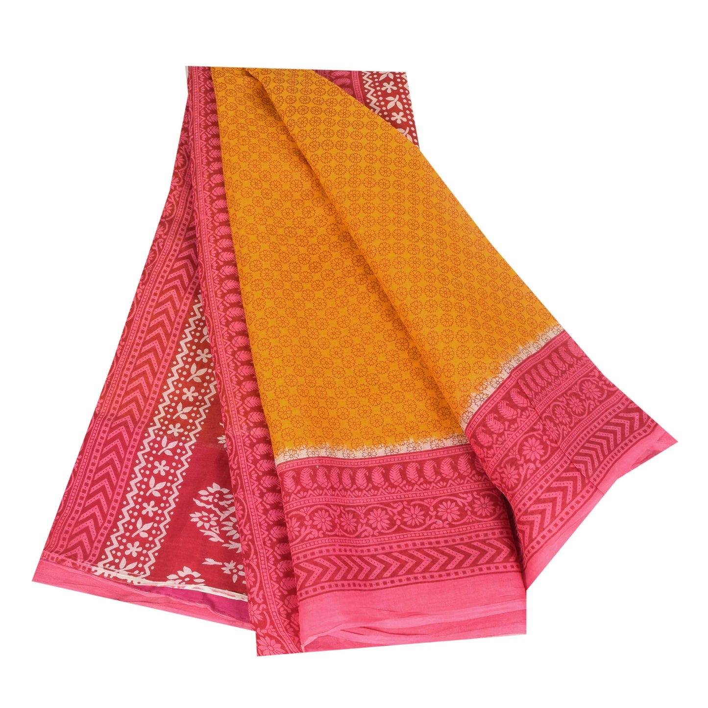 Sanskriti Vintage Sarees Yellow/Pink Pure Cotton Printed Sari 5+yd Craft Fabric