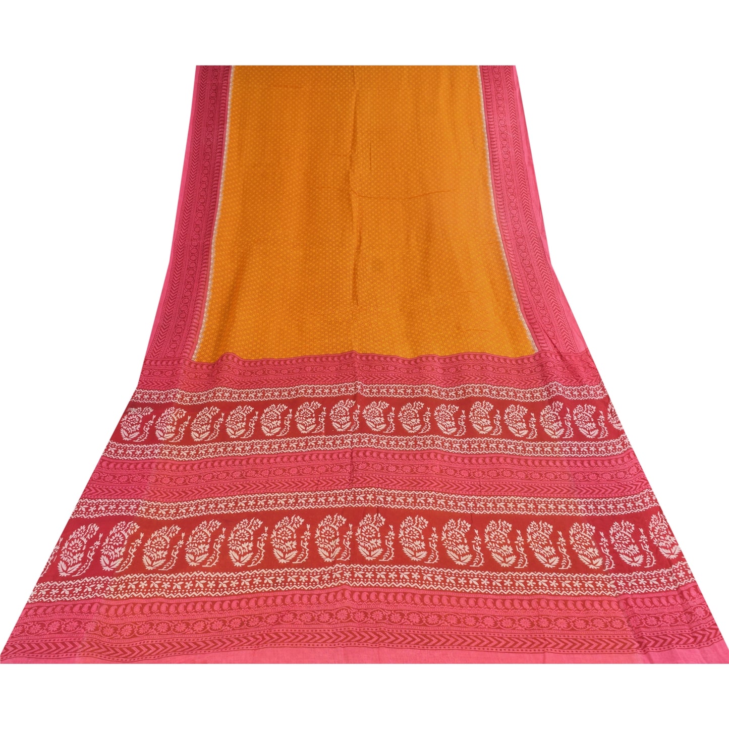 Sanskriti Vintage Sarees Yellow/Pink Pure Cotton Printed Sari 5+yd Craft Fabric