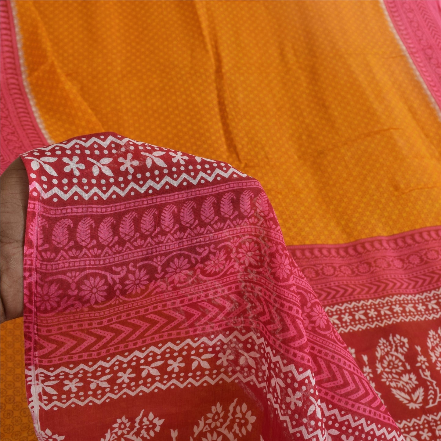 Sanskriti Vintage Sarees Yellow/Pink Pure Cotton Printed Sari 5+yd Craft Fabric