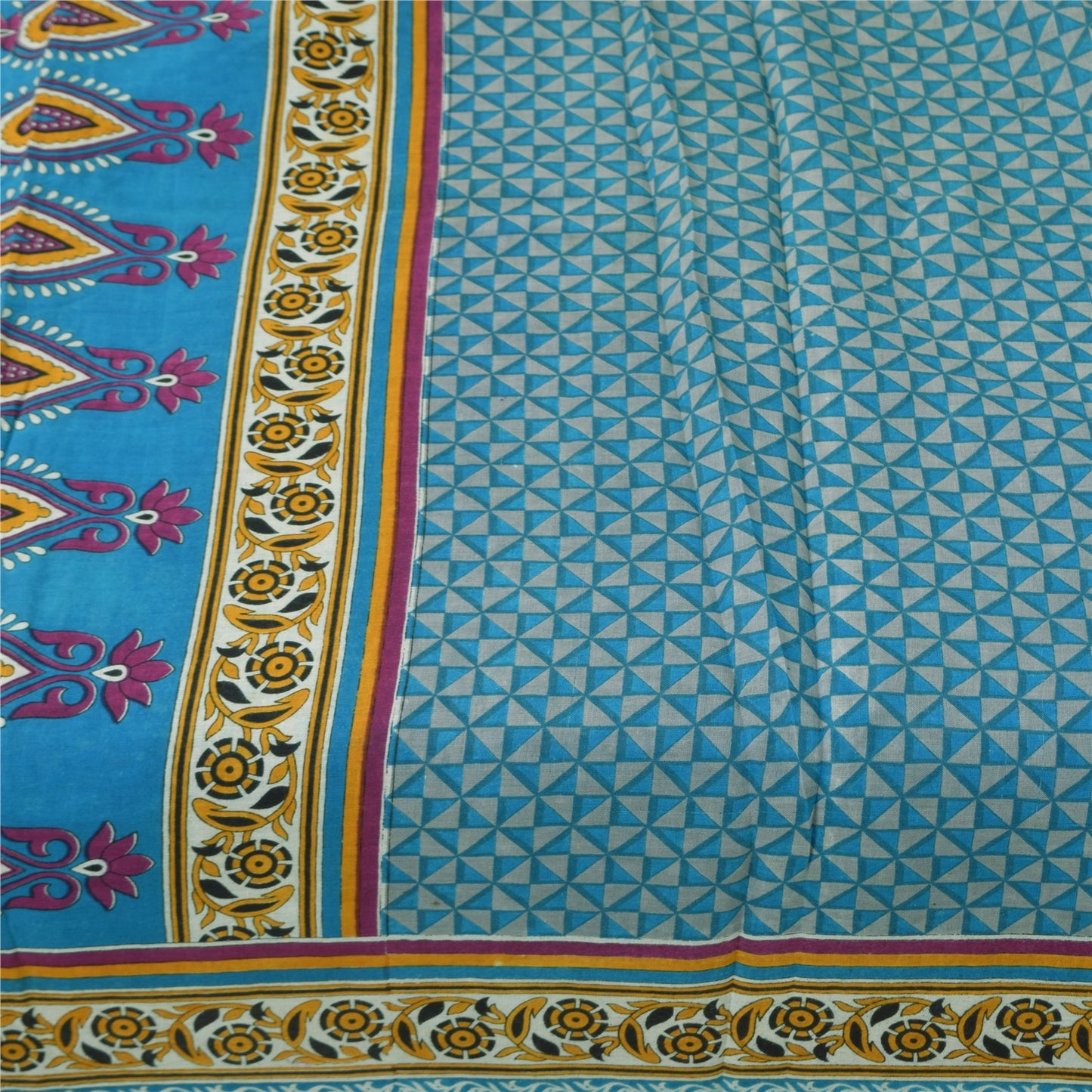 Sanskriti Vintage Sarees Indian Blue Pure Cotton Printed Sari 5+yd Craft Fabric