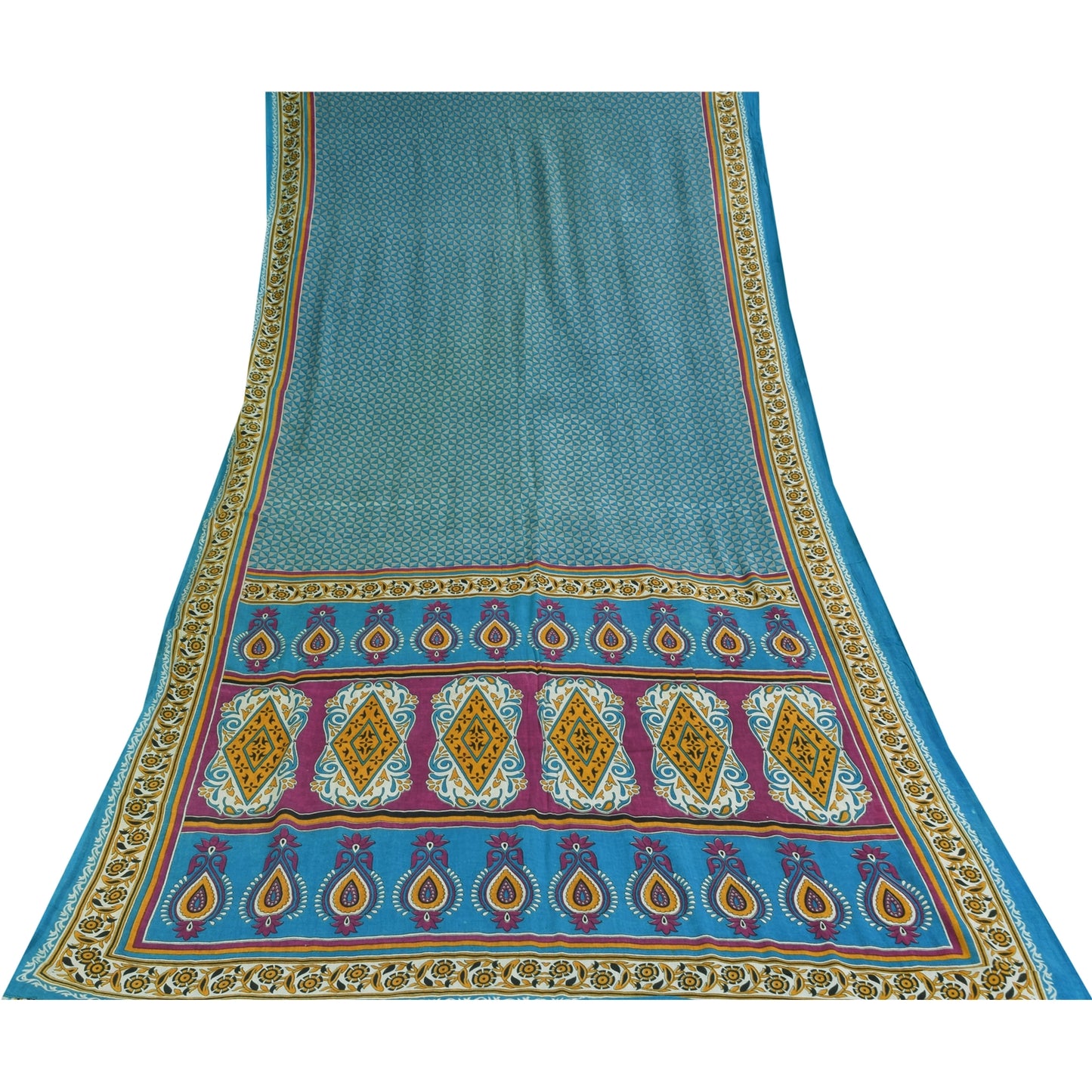 Sanskriti Vintage Sarees Indian Blue Pure Cotton Printed Sari 5+yd Craft Fabric