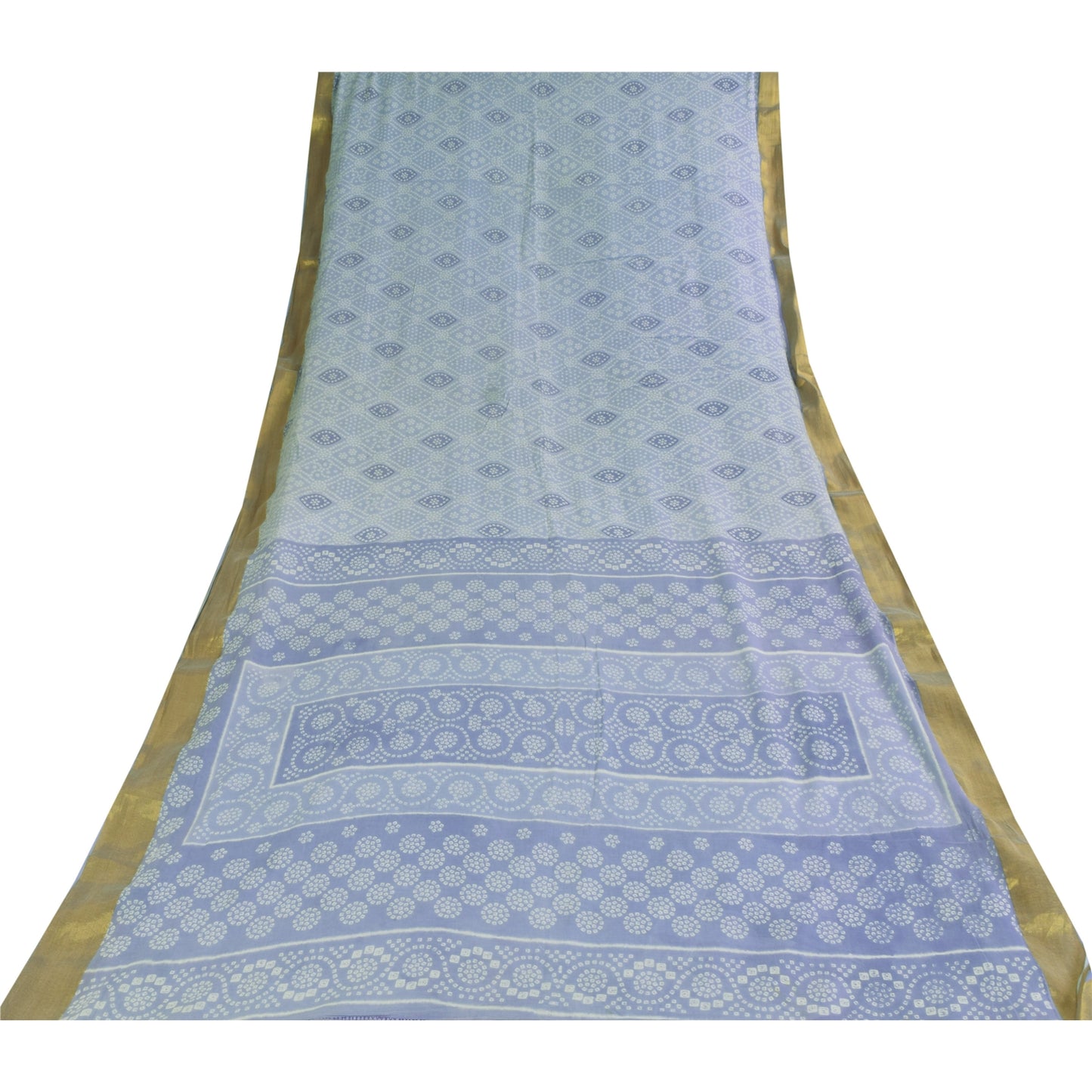 Sanskriti Vintage Sarees Blue Bandhani Printed Zari Pure Cotton Sari 5+yd Fabric