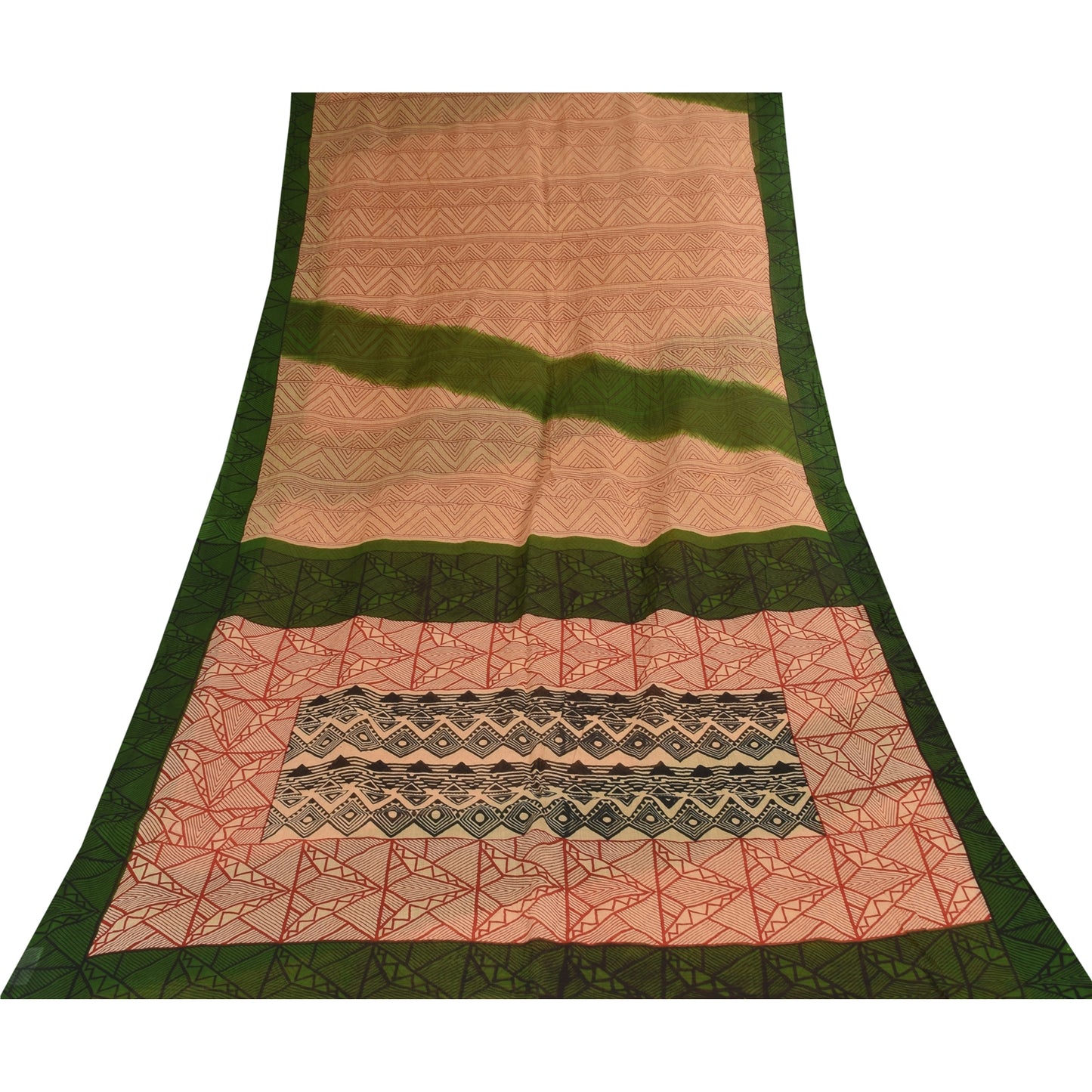 Sanskriti Vintage Sarees Peach/Red Pure Cotton Printed Sari 5+yd Craft Fabric