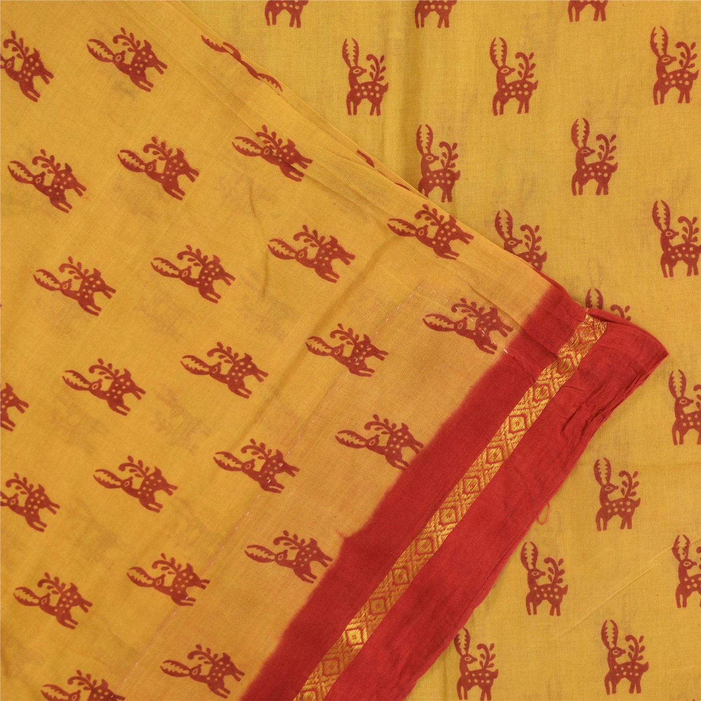 Sanskriti Vintage Sarees Yellow/Red Pure Cotton Zari Deer Print Sari 5+yd Fabric