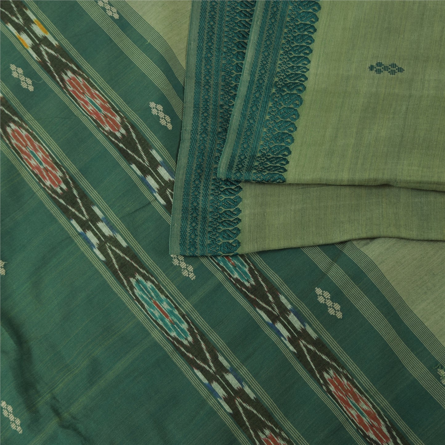 Sanskriti Vintage Sarees GreenIkat Handwoven Odisha Pure Cotton Sari 5+yd Fabri