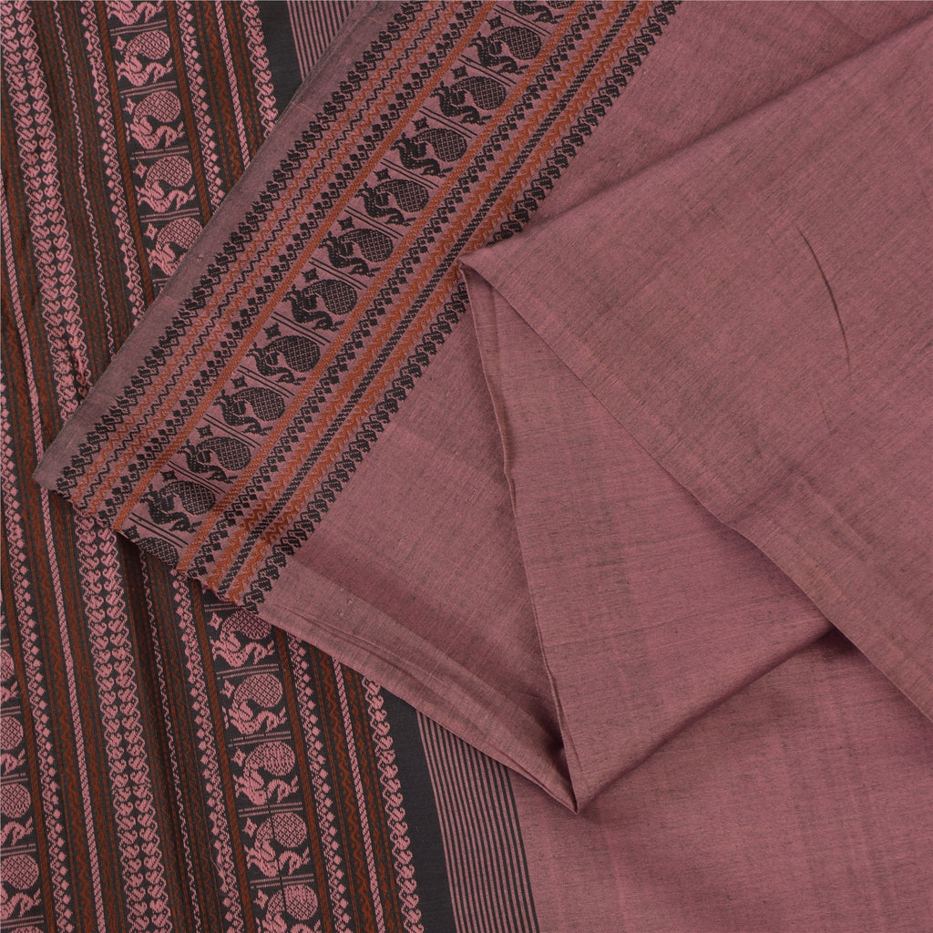 Sanskriti Vintage Sarees Mauve Peacock Woven Pure Cotton Sari 5+yd Craft Fabric