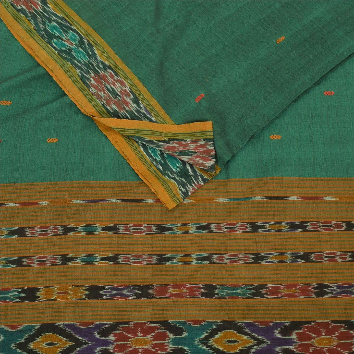 Sanskriti Vintage Sarees GreenIkat Handwoven Odisha Pure Cotton Sari 5+yd Fabric