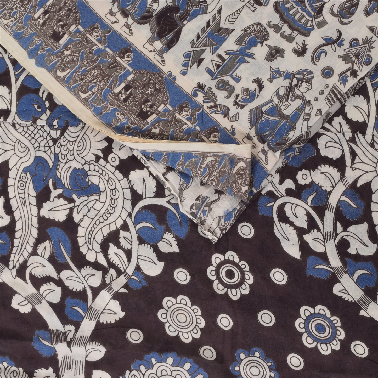 Sanskriti Vintage Sarees White Handmade Kalamkari Pure Cotton Sari 5+yd Fabric