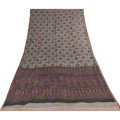 Sanskriti Vintage Sarees Indian Gray Pure Cotton Printed Sari 6+yd Craft Fabric