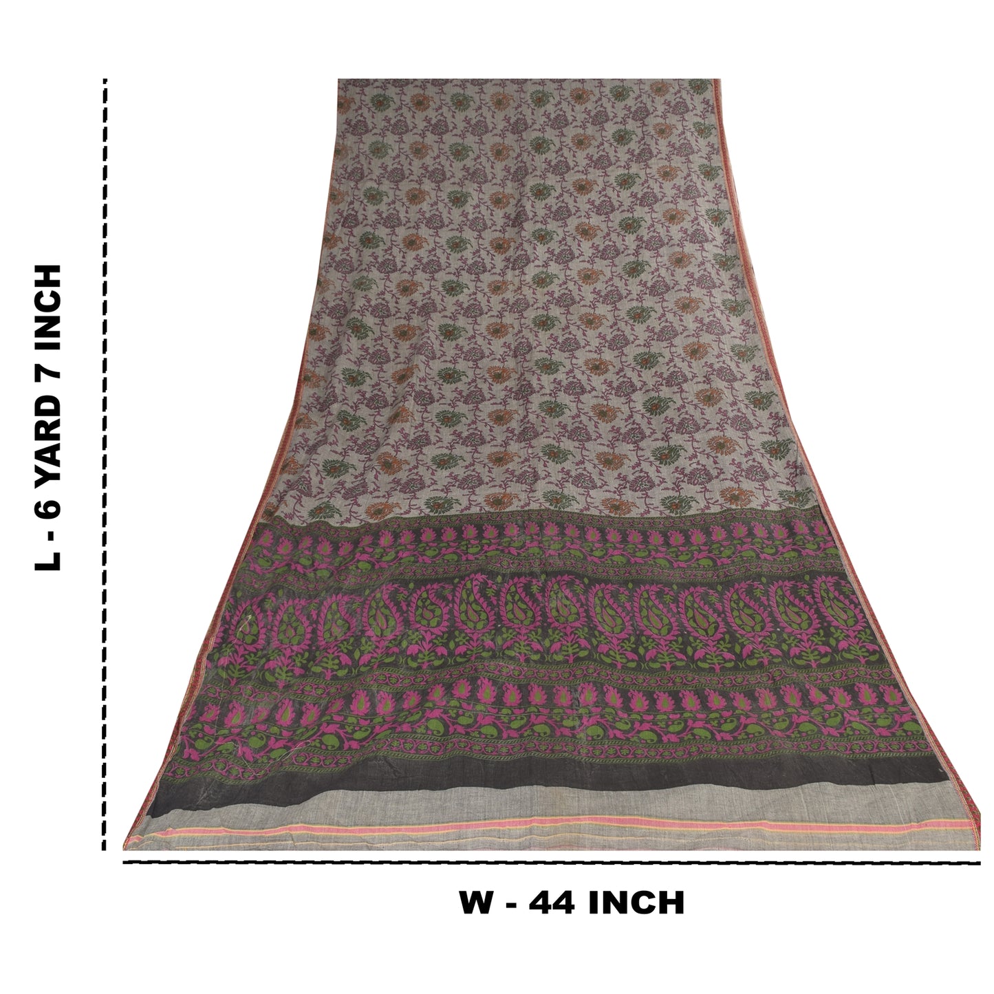 Sanskriti Vintage Sarees Indian Gray Pure Cotton Printed Sari 6+yd Craft Fabric