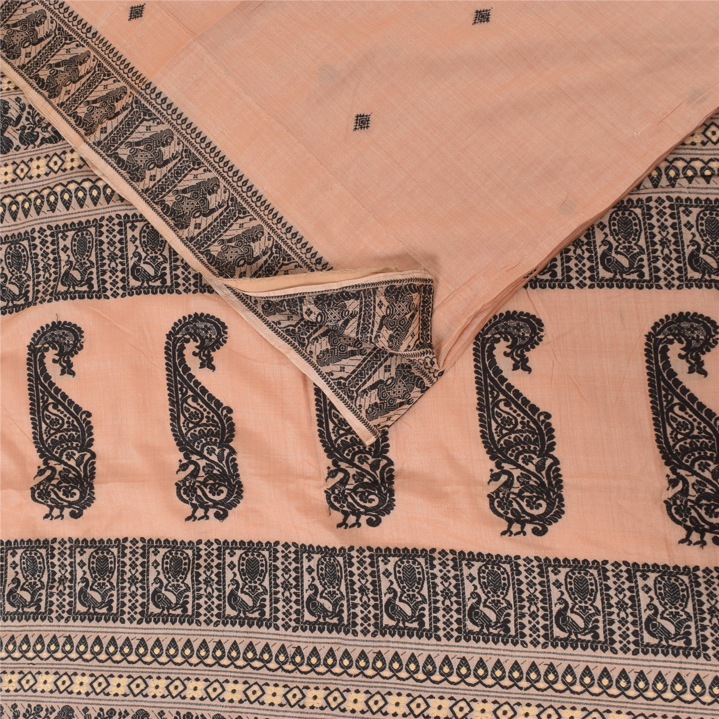 Sanskriti Vintage Sarees Indian Peach Pure Cotton Hand Woven Sari 5+yd Fabric