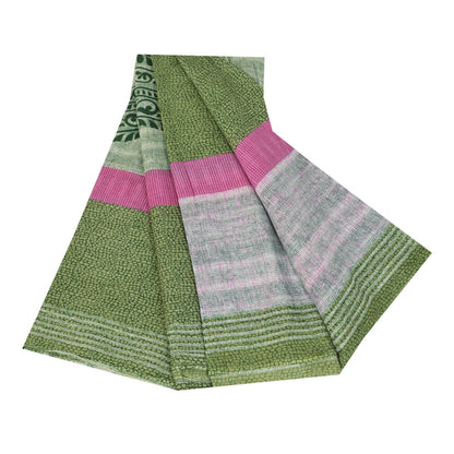 Sanskriti Vintage Sarees Indian Green Pure Cotton Printed Sari 5+yd Craft Fabric