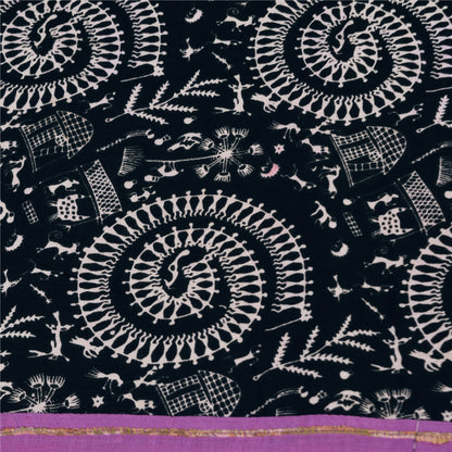 Sanskriti Vintage Sarees Purple Pure Cotton Warli Art/Woven Sari 5+yd Fabric