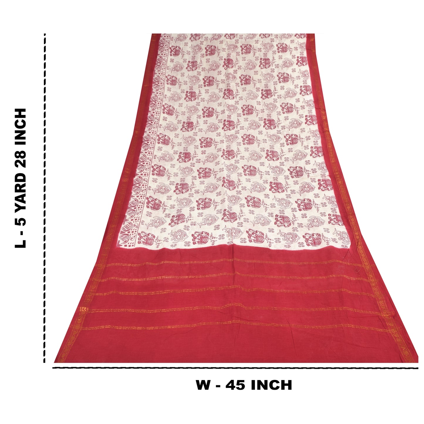 Sanskriti Vintage Sarees White/Red Zari Woven Print Pure Cotton Sari 5+yd Fabric