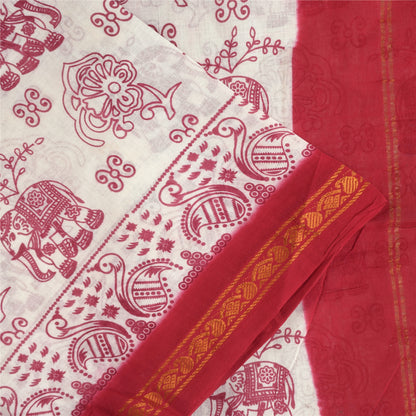 Sanskriti Vintage Sarees White/Red Zari Woven Print Pure Cotton Sari 5+yd Fabric