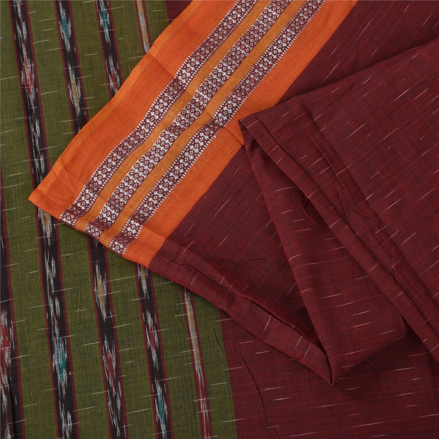 Sanskriti Vintage Sarees Red Ikat Handwoven Odisha Pure Cotton Sari 5+yd Fabric