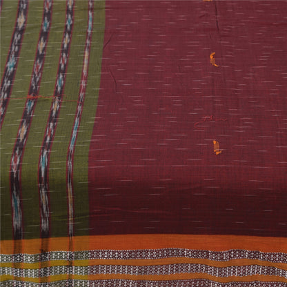 Sanskriti Vintage Sarees Red Ikat Handwoven Odisha Pure Cotton Sari 5+yd Fabric