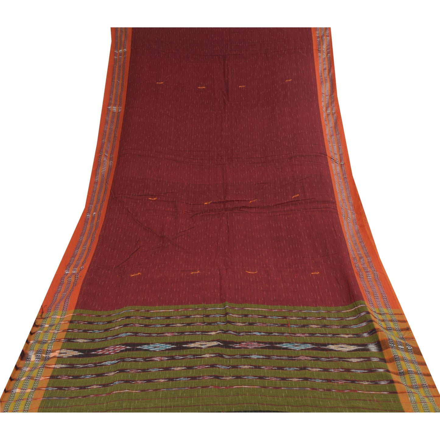 Sanskriti Vintage Sarees Red Ikat Handwoven Odisha Pure Cotton Sari 5+yd Fabric