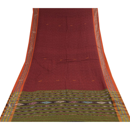 Sanskriti Vintage Sarees Red Ikat Handwoven Odisha Pure Cotton Sari 5+yd Fabric