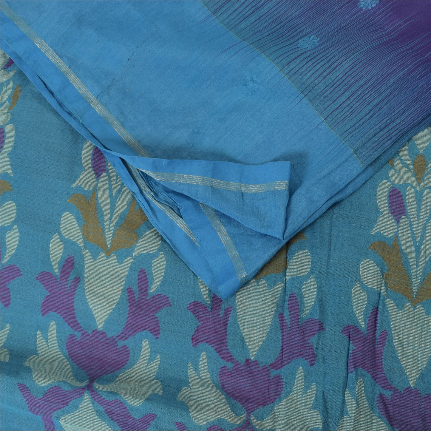 Sanskriti Vintage Sarees Purple/Blue Blend Cotton Woven Sari 6+yd Craft Fabric