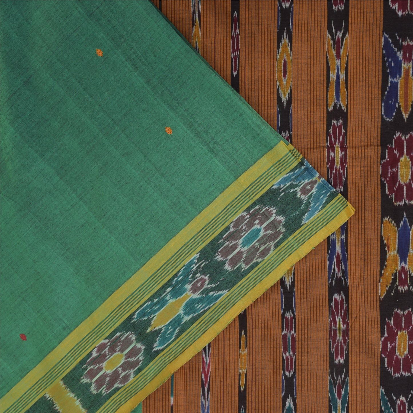 Sanskriti Vintage Sarees GreenIkat Handwoven Odisha Pure Cotton Sari 5+yd Fabric