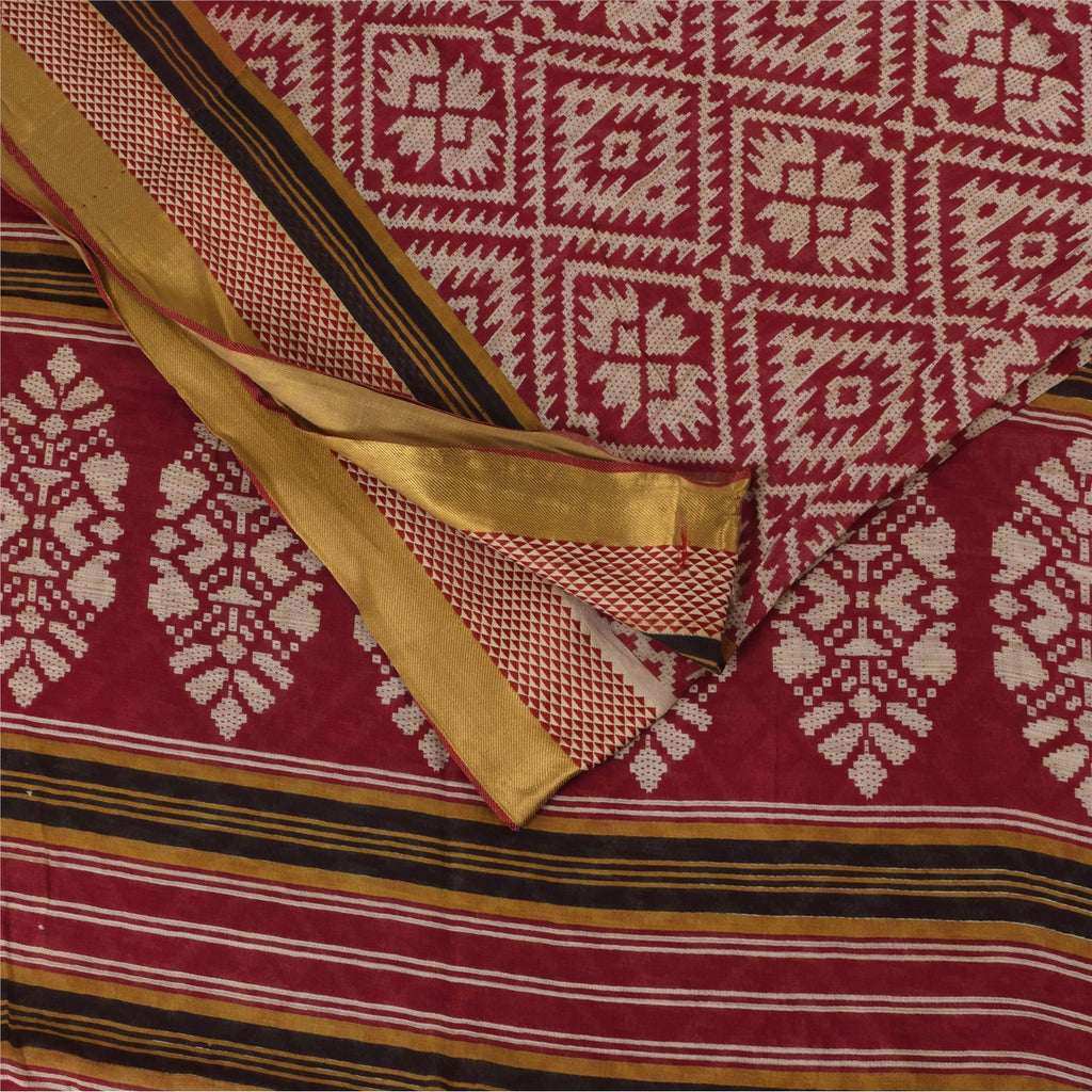 Sanskriti Vintage Sarees Indian Red Pure Cotton Printed Sari 5+yd Craft Fabric