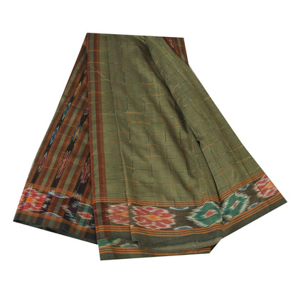 Sanskriti Vintage Sarees GreenIkat Handwoven Odisha Pure Cotton Sari 5+yd Fabric