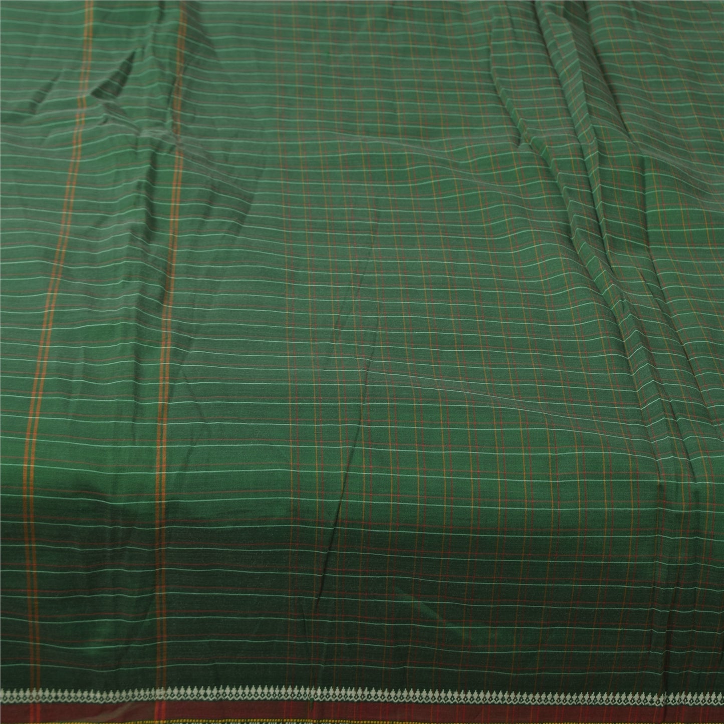 Sanskriti Vintage Sarees Green Chettinad Woven 100% Pure Cotton Sari 5+yd Fabric