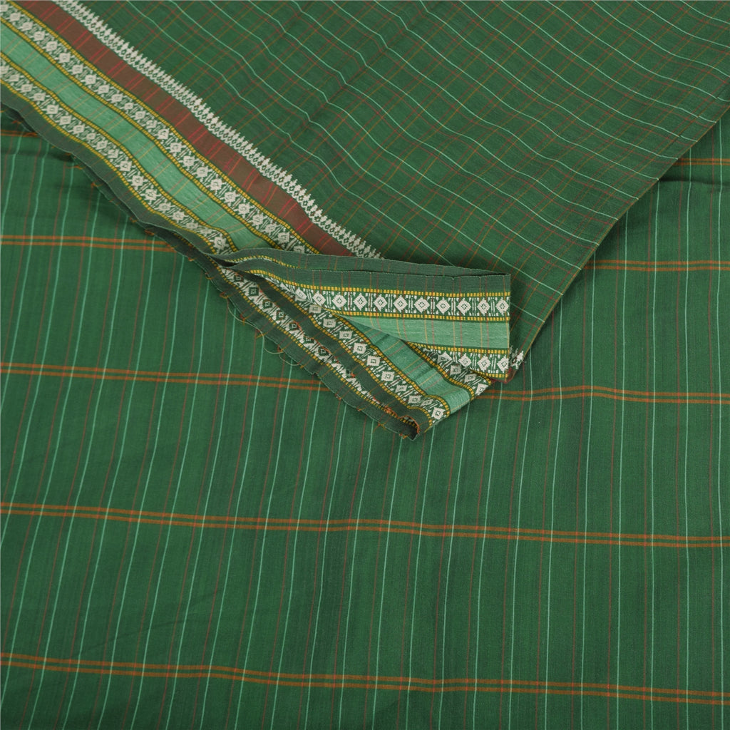 Sanskriti Vintage Sarees Green Chettinad Woven 100% Pure Cotton Sari 5+yd Fabric