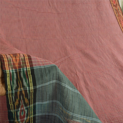 Sanskriti Vintage Sarees Pink Ikat Handwoven Odisha Pure Cotton Sari 5+yd Fabric