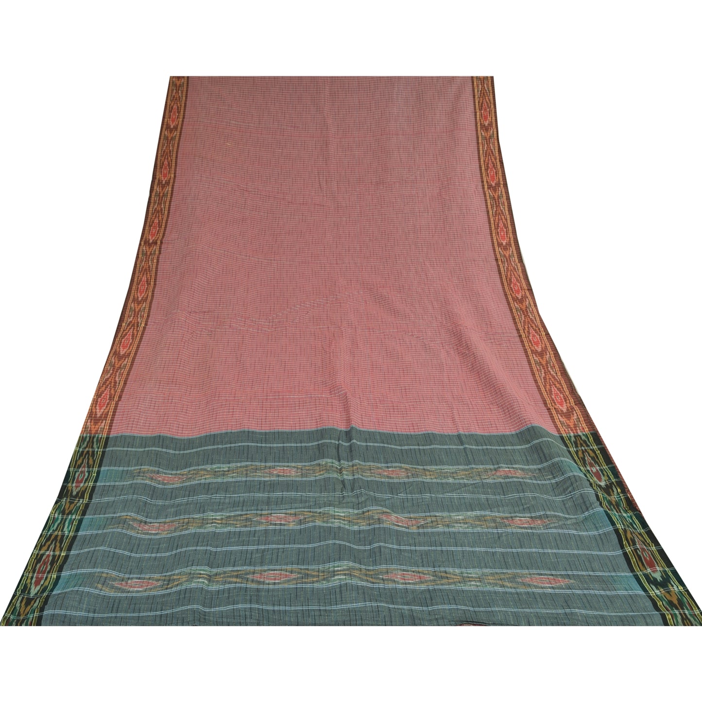 Sanskriti Vintage Sarees Pink Ikat Handwoven Odisha Pure Cotton Sari 5+yd Fabric