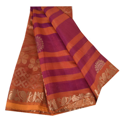 Sanskriti Vintage Sarees Pink/Orange Pure Cotton Woven Sari 5+yd Craft Fabric