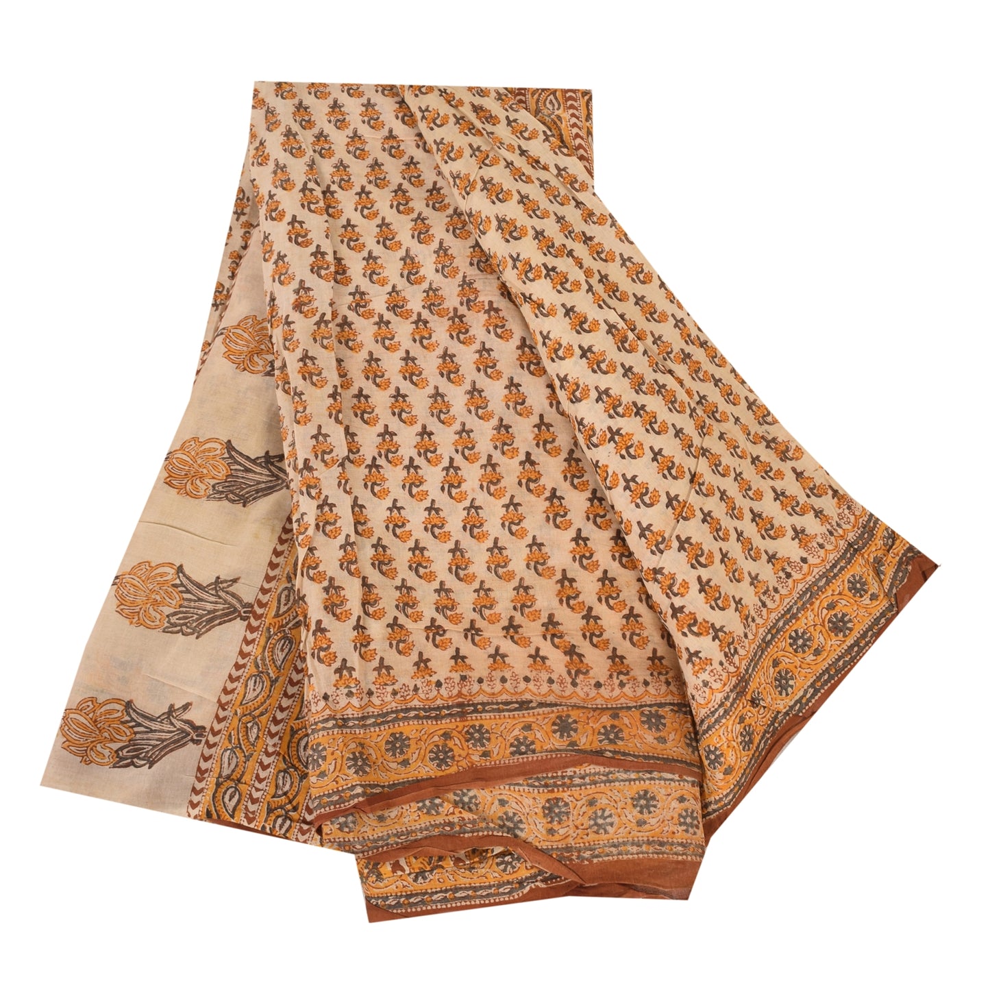 Sanskriti Vintage Sarees Pure Cotton Cream Hand Block Printed Sari 5+yd Fabric