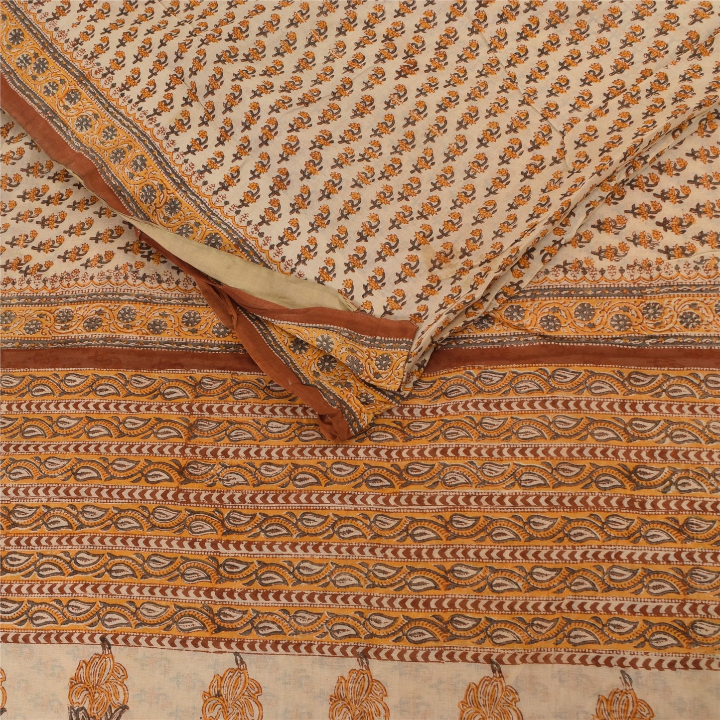 Sanskriti Vintage Sarees Pure Cotton Cream Hand Block Printed Sari 5+yd Fabric