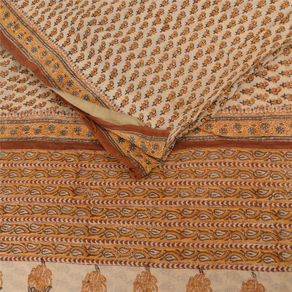 Sanskriti Vintage Sarees Pure Cotton Cream Hand Block Printed Sari 5+yd Fabric