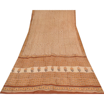 Sanskriti Vintage Sarees Pure Cotton Cream Hand Block Printed Sari 5+yd Fabric